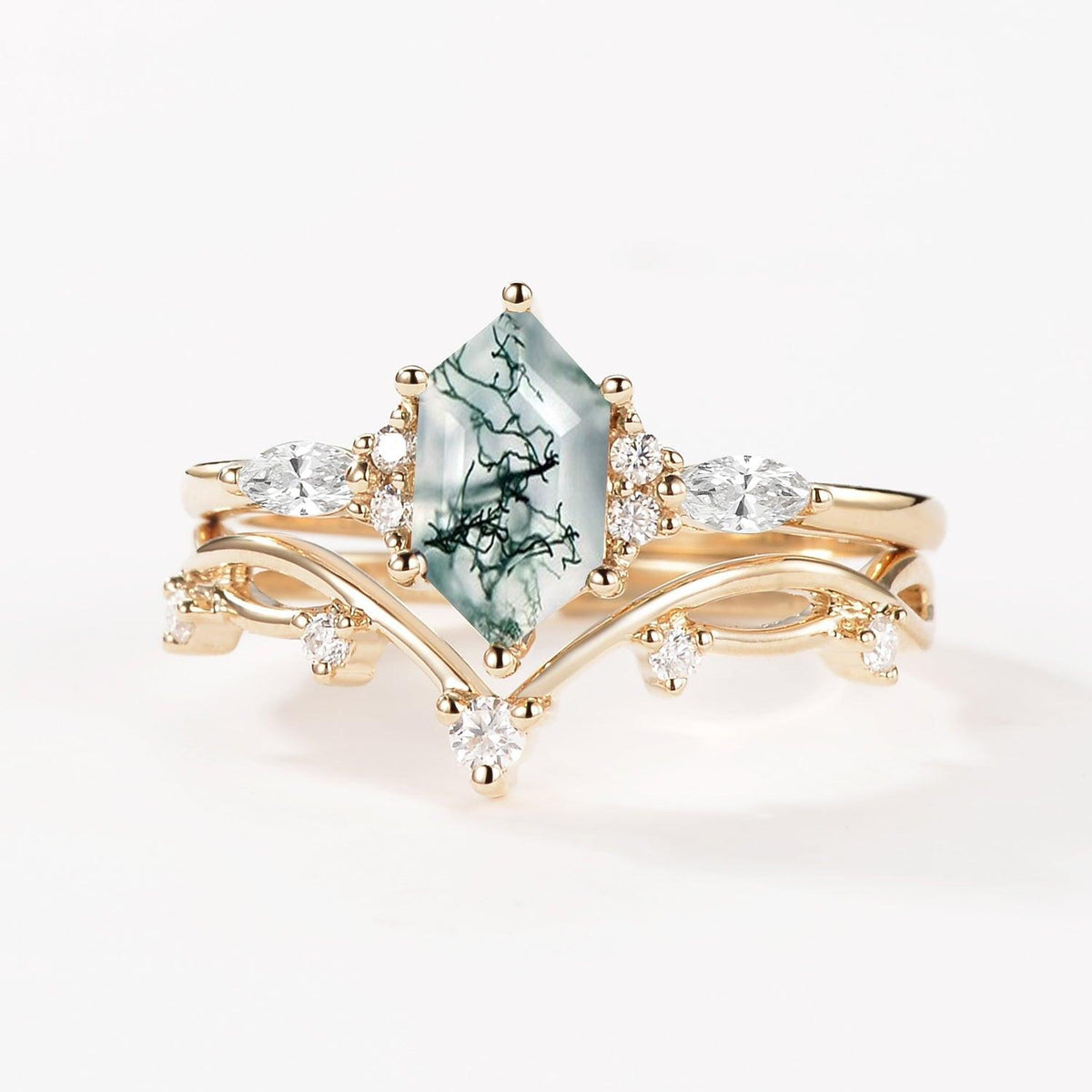 Flora’s Stem | Long Hexagon Moss Agate Engagement Ring Set 2pcs.