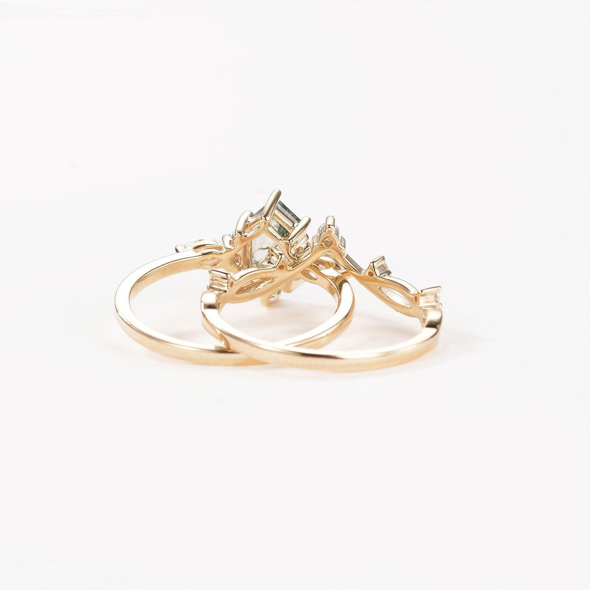 Flora’s Stem | Long Hexagon Moss Agate Engagement Ring Set 2pcs.