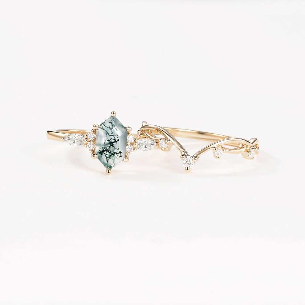 Flora’s Stem | Long Hexagon Moss Agate Engagement Ring Set 2pcs.