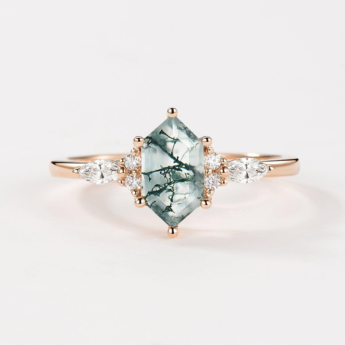 Aria‘s Tessera | Geometric Hexagon Moss Agate Marquise Engagement Ring.