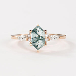 Aria‘s Tessera | Geometric Hexagon Moss Agate Marquise Engagement Ring.