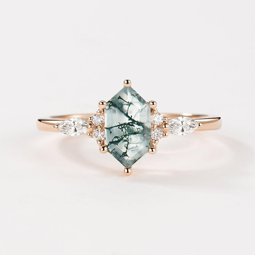 Aria‘s Tessera | Geometric Hexagon Moss Agate Marquise Engagement Ring.