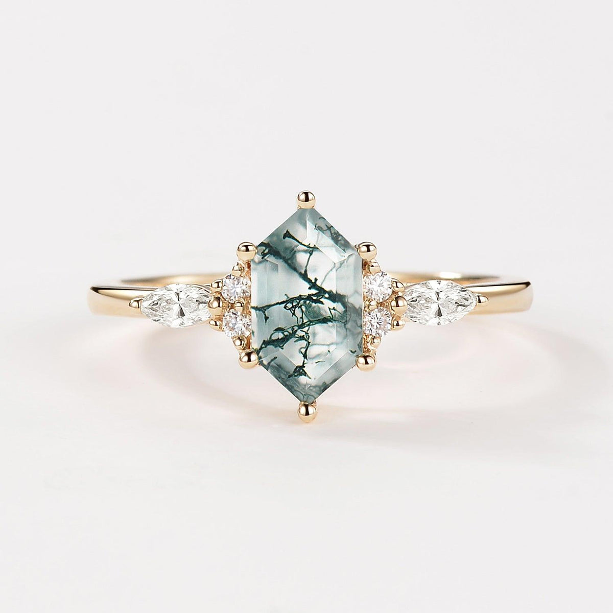 Aria‘s Tessera | Geometric Hexagon Moss Agate Marquise Engagement Ring.