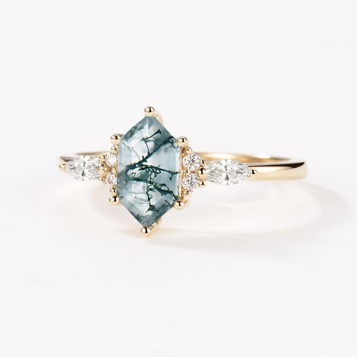 Aria‘s Tessera | Geometric Hexagon Moss Agate Marquise Engagement Ring.
