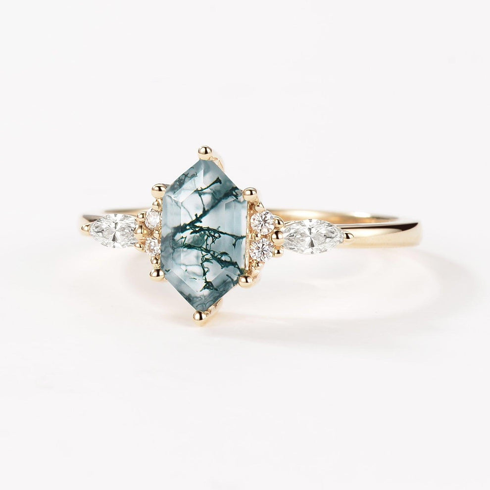 Aria‘s Tessera | Geometric Hexagon Moss Agate Marquise Engagement Ring.