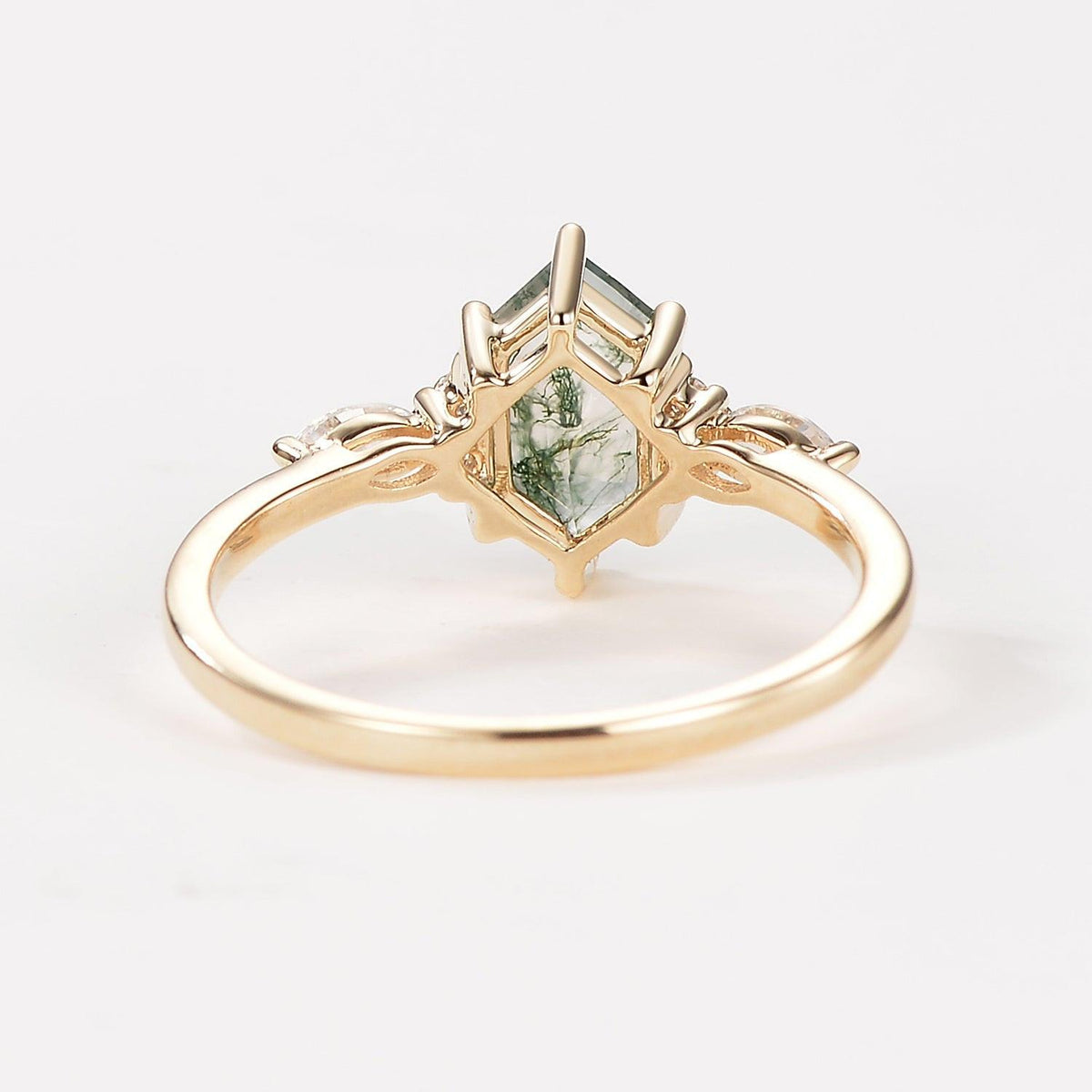 Aria‘s Tessera | Geometric Hexagon Moss Agate Marquise Engagement Ring.
