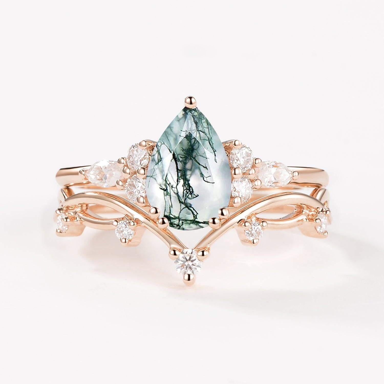 Ona Branches Pear Moss Agate Leafy Ring Set 2pcs.