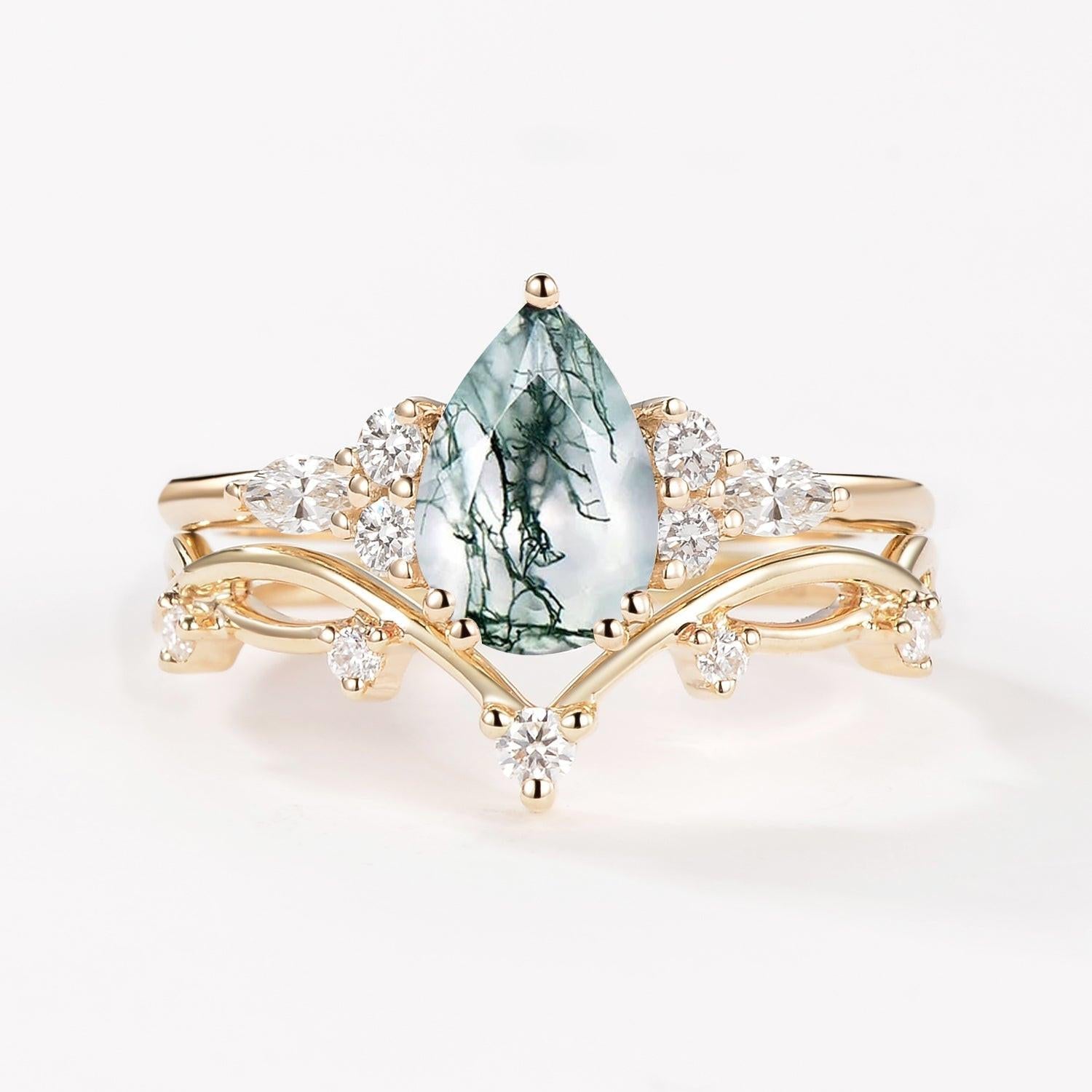 Ona Branches Pear Moss Agate Leafy Ring Set 2pcs.
