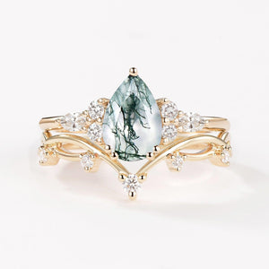 Ona Branches Pear Moss Agate Leafy Ring Set 2pcs.