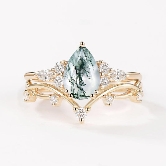 Ona Branches Pear Moss Agate Leafy Ring Set 2pcs.