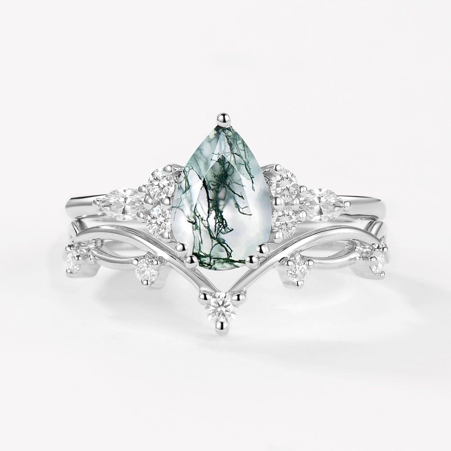 Ona Branches Pear Moss Agate Leafy Ring Set 2pcs.