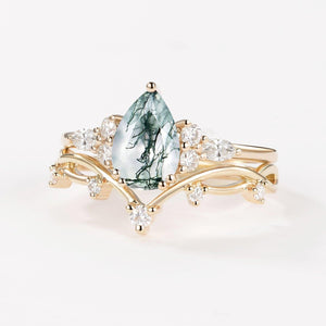 Ona Branches Pear Moss Agate Leafy Ring Set 2pcs.