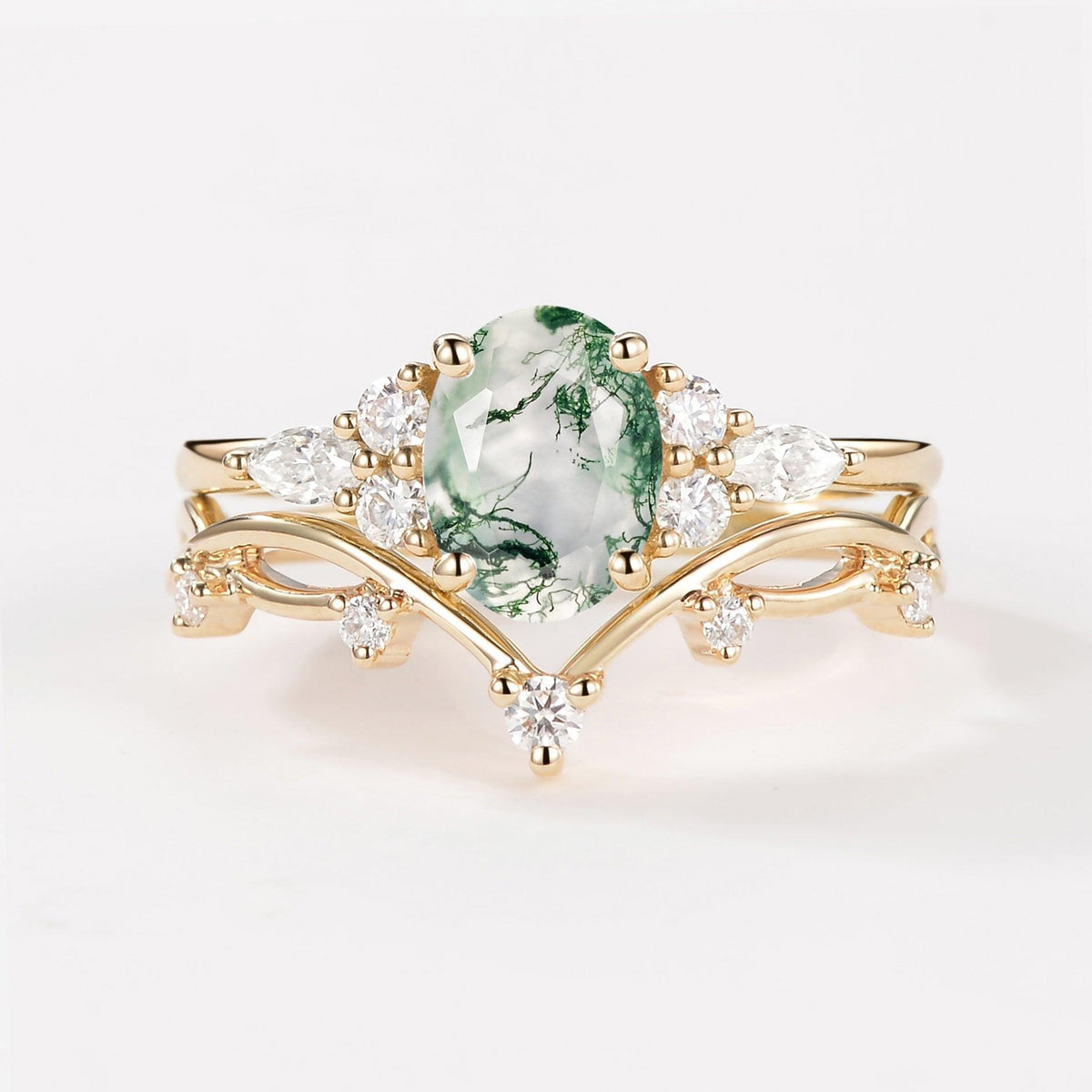 Ona Oval Cut Moss Agate Vintage Gold Ring Set 2pcs.