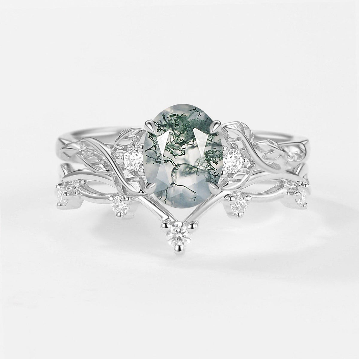 Branches Oval Shaped Moss Agate Leafy Ring Set 2pcs.