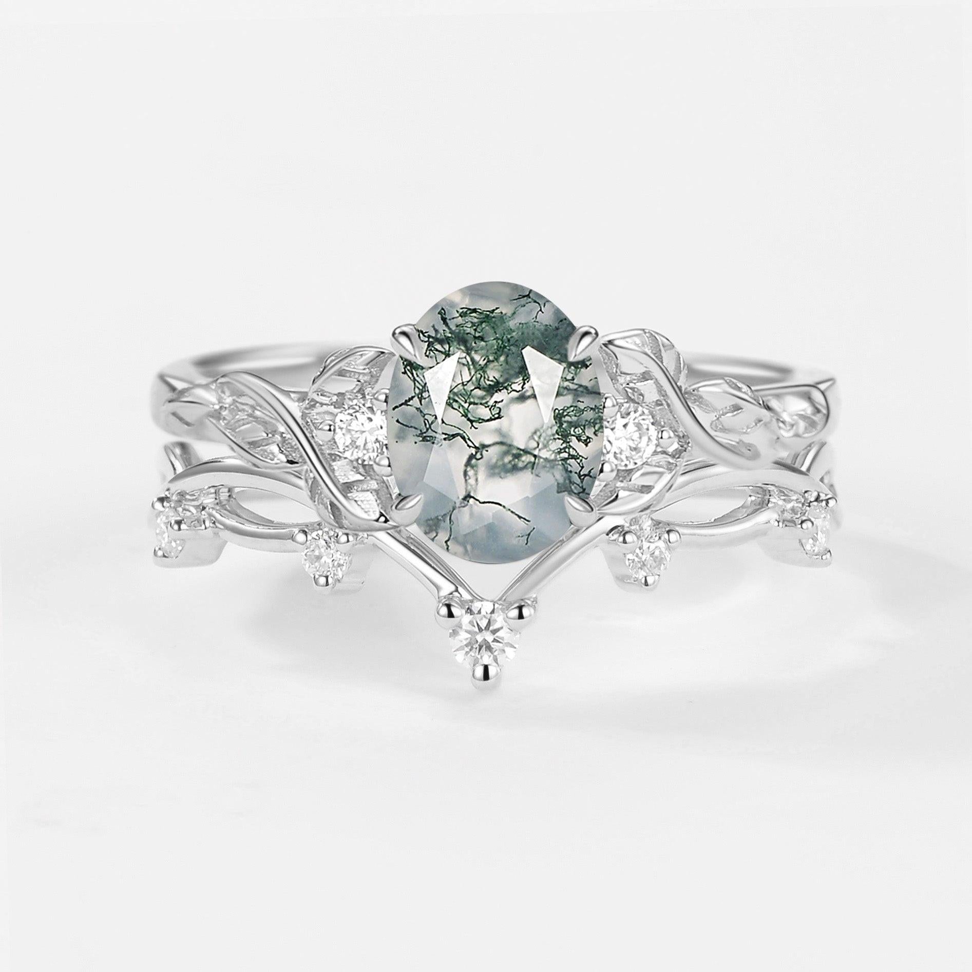 Branches Oval Shaped Moss Agate Leafy Ring Set 2pcs.