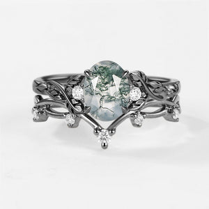 Branches Oval Shaped Moss Agate Leafy Ring Set 2pcs.