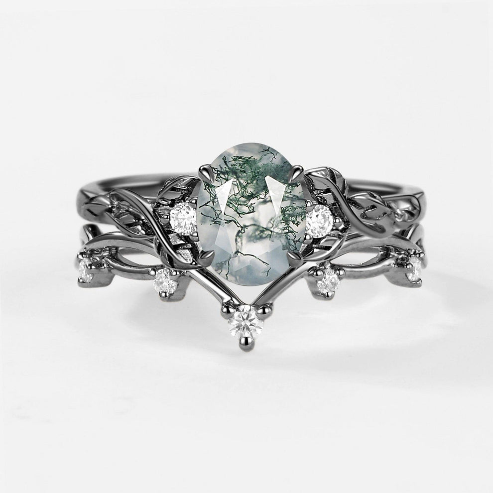 Branches Oval Shaped Moss Agate Leafy Ring Set 2pcs.