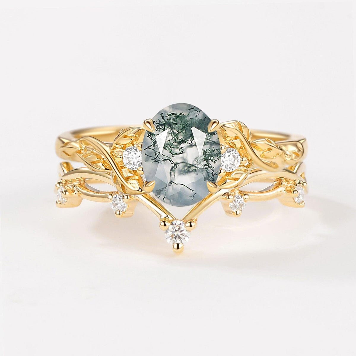 Branches Oval Shaped Moss Agate Leafy Ring Set 2pcs.