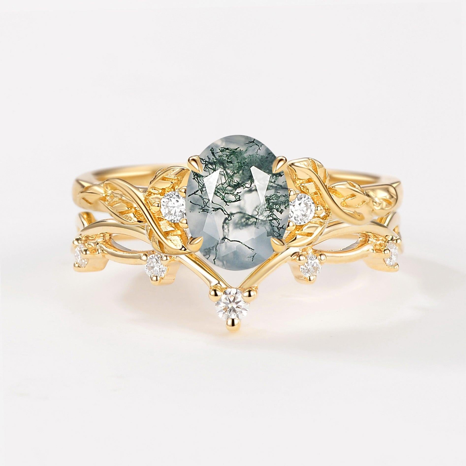 Branches Oval Shaped Moss Agate Leafy Ring Set 2pcs.