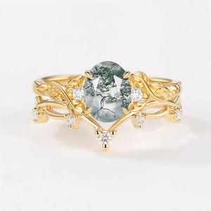 Branches Oval Shaped Moss Agate Leafy Ring Set 2pcs.