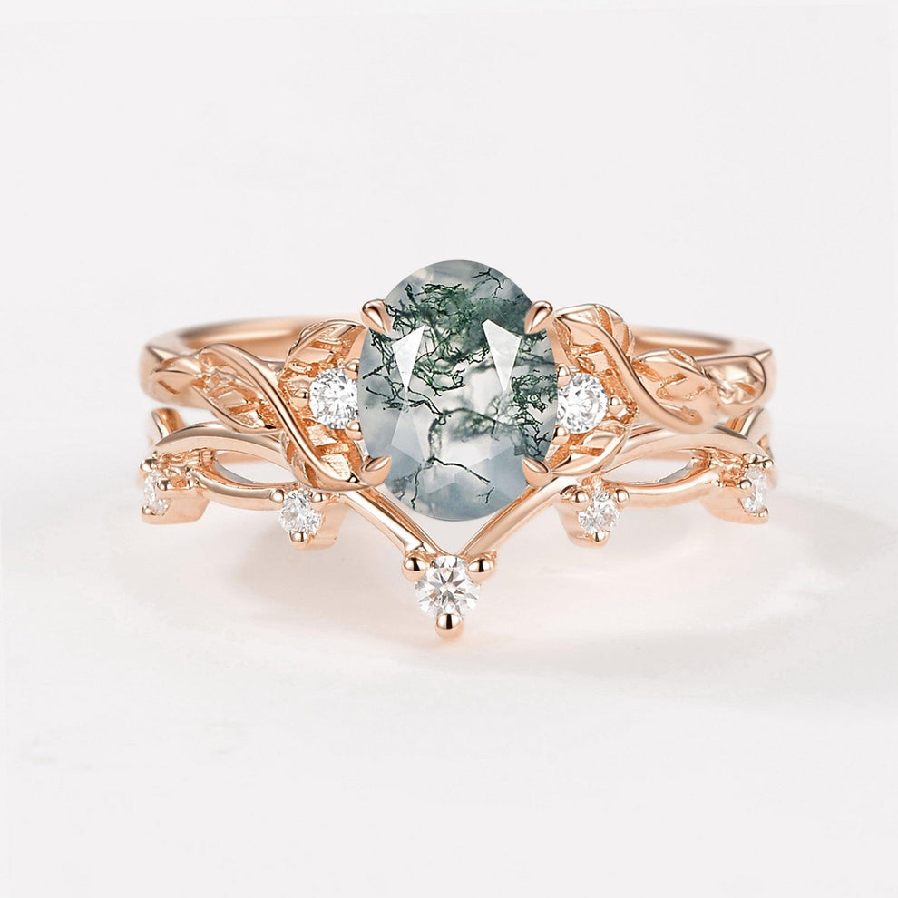 Branches Oval Shaped Moss Agate Leafy Ring Set 2pcs.