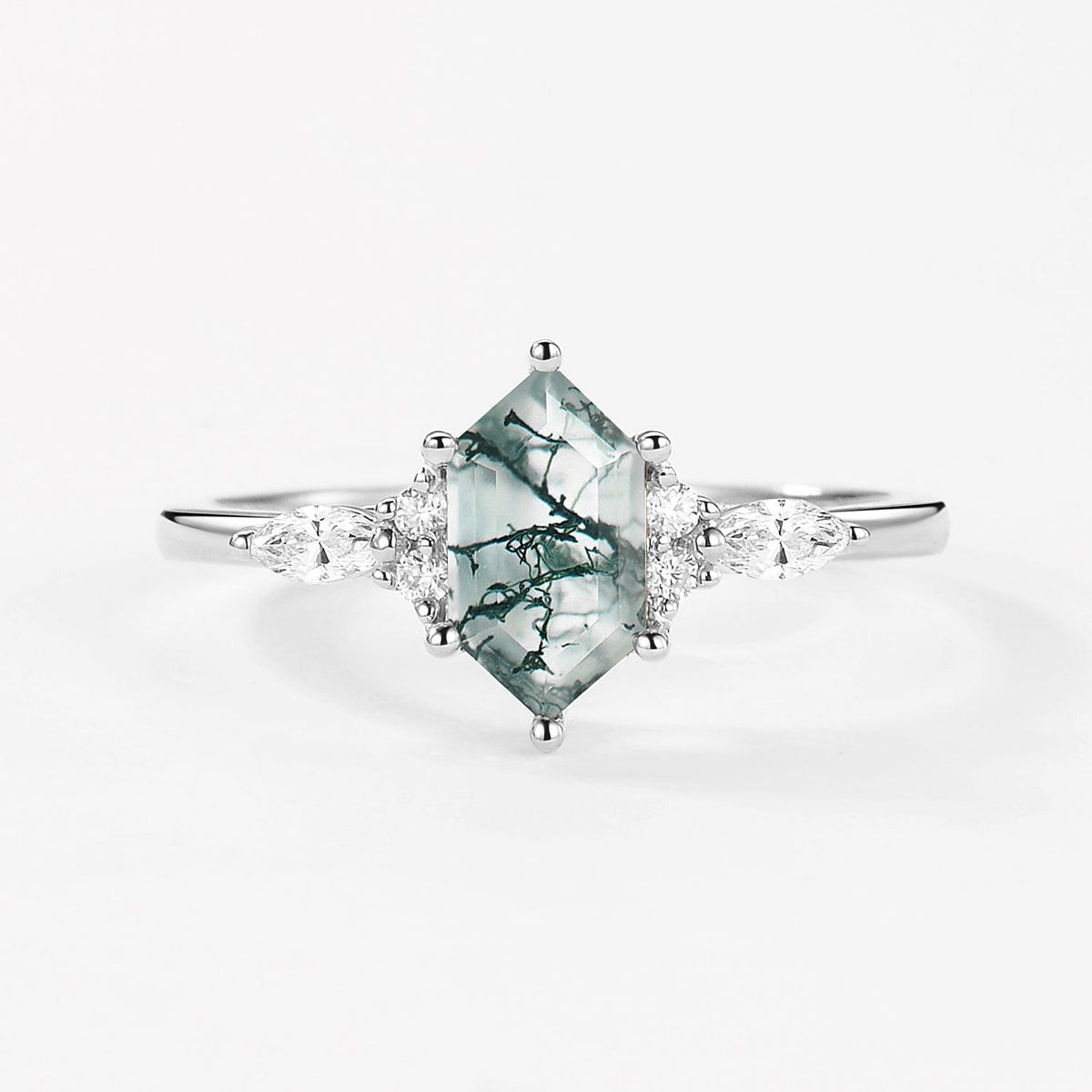 Aria‘s Tessera | Geometric Hexagon Moss Agate Marquise Engagement Ring.