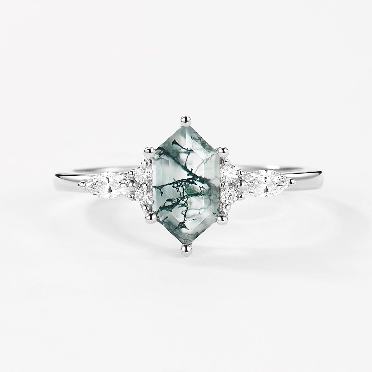 Aria‘s Tessera | Geometric Hexagon Moss Agate Marquise Engagement Ring.