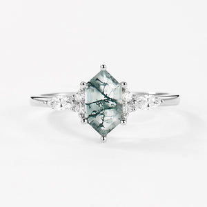 Aria‘s Tessera | Geometric Hexagon Moss Agate Marquise Engagement Ring.