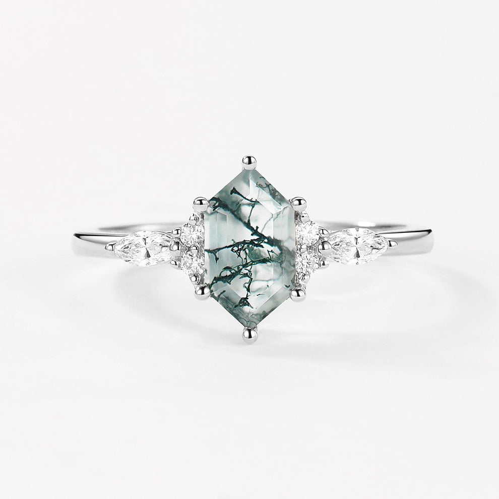 Aria‘s Tessera | Geometric Hexagon Moss Agate Marquise Engagement Ring.