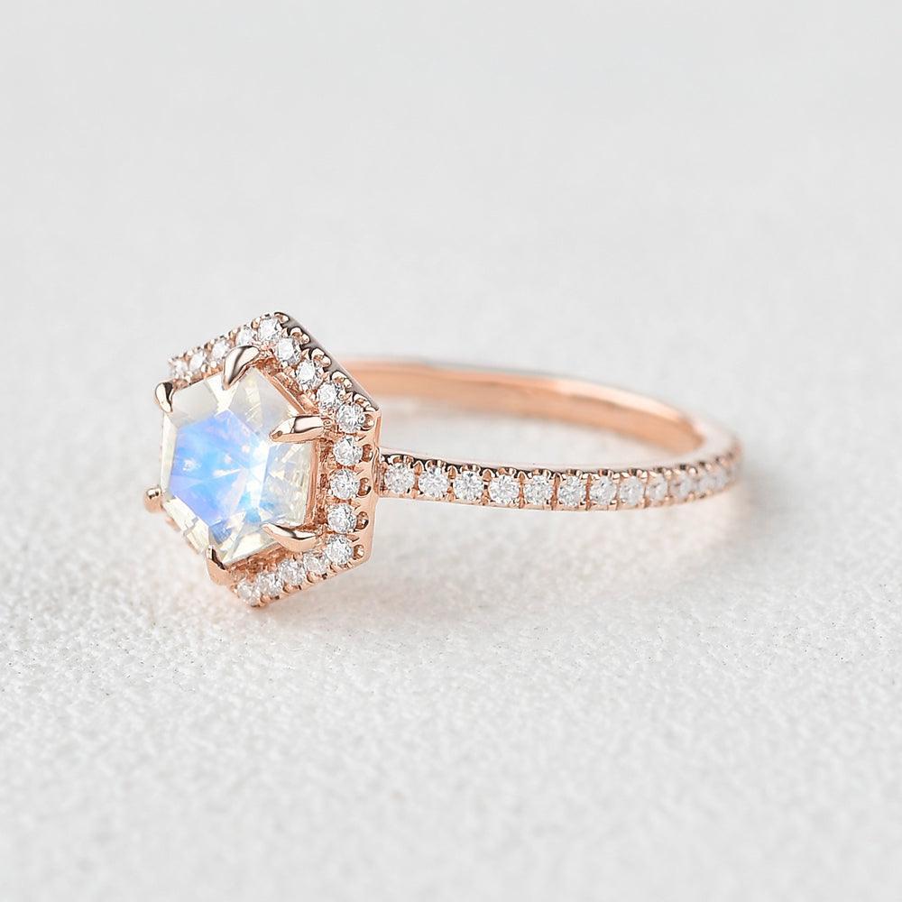 Vintage Hexagon Moonstone & Moissantie Halo Ring.