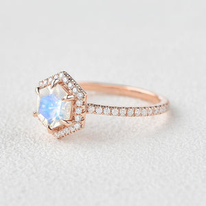 Vintage Hexagon Moonstone & Moissantie Halo Ring.