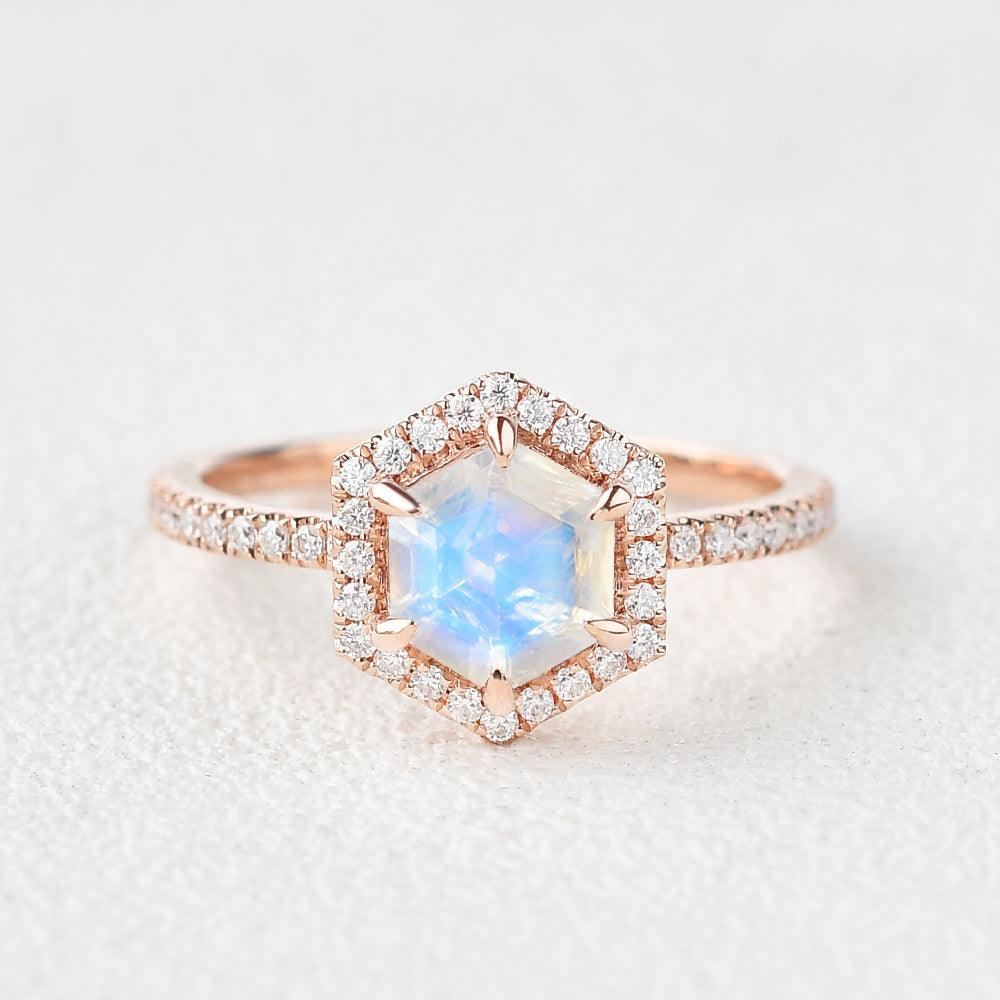 Vintage Hexagon Moonstone & Moissantie Halo Ring.