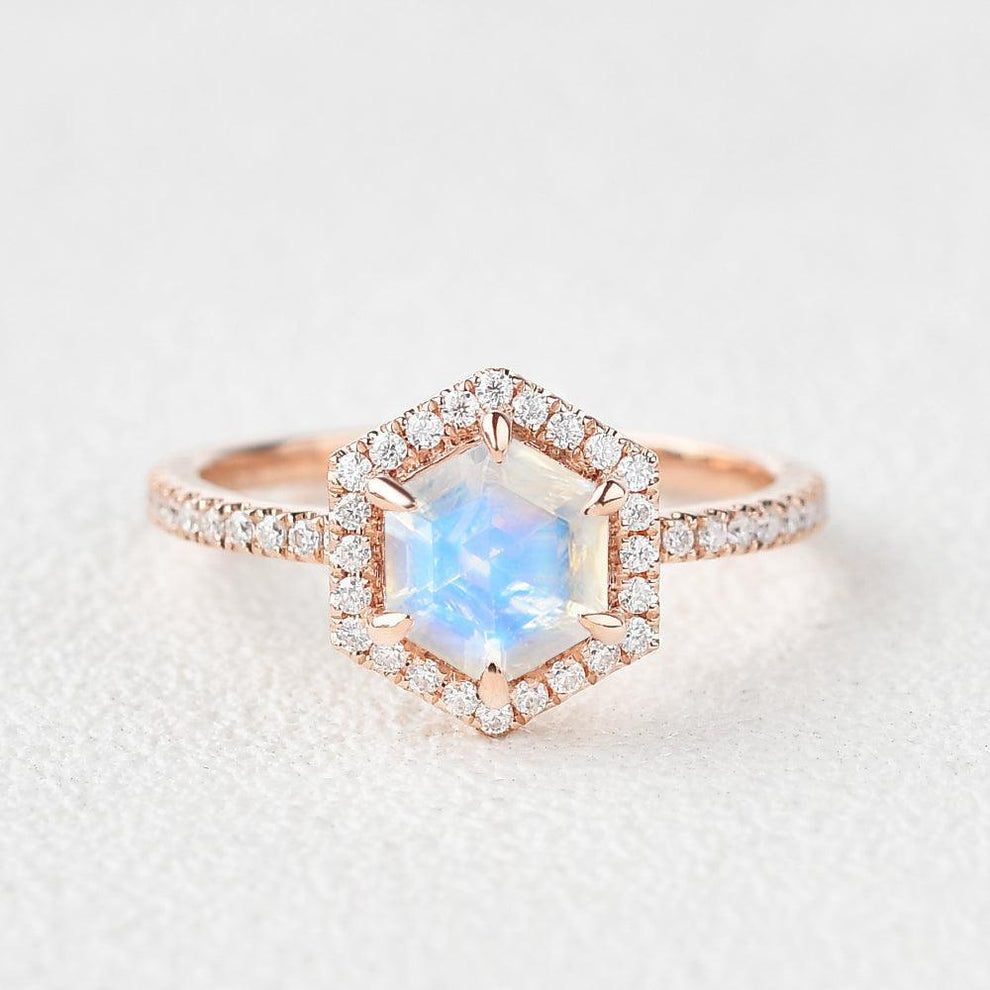 Vintage Hexagon Moonstone & Moissantie Halo Ring.