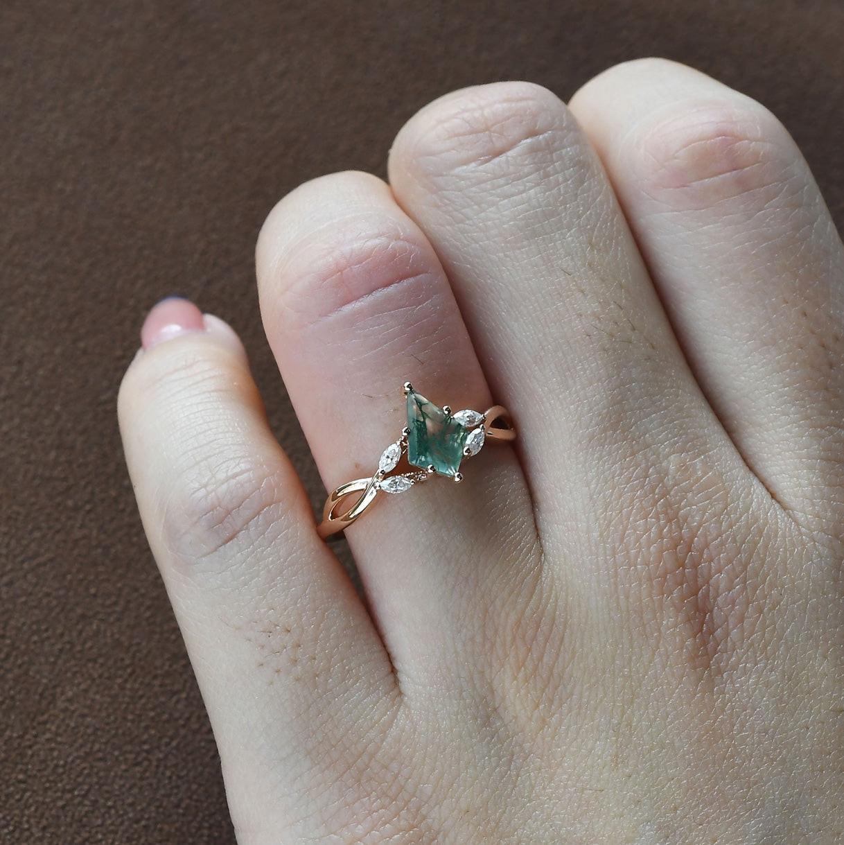 Minimalist Kite Cut Moss Agate Infinity Engagement Ring.