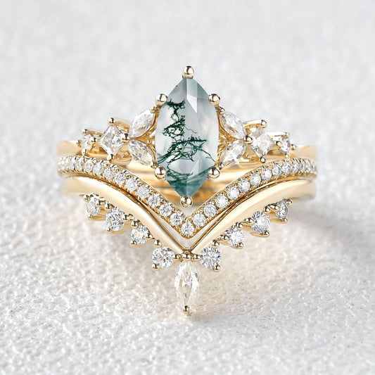 Sylvie’s Trio | Marquise Cut Moss Agate Bridal Set 3pcs.