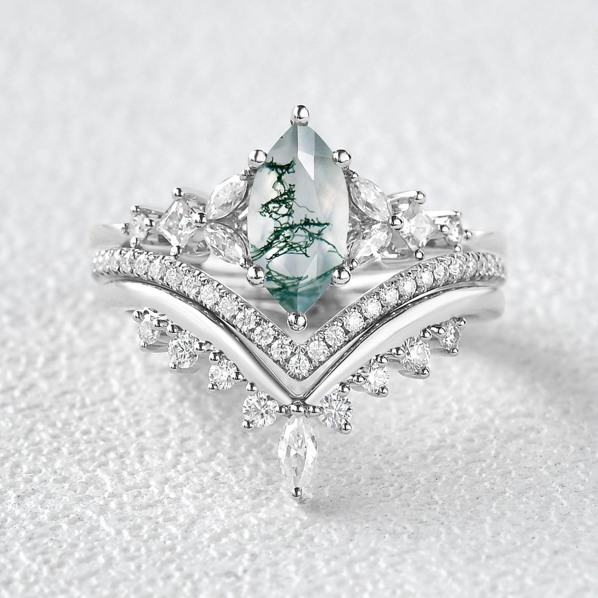 Sylvie’s Trio | Marquise Cut Moss Agate Bridal Set 3pcs.