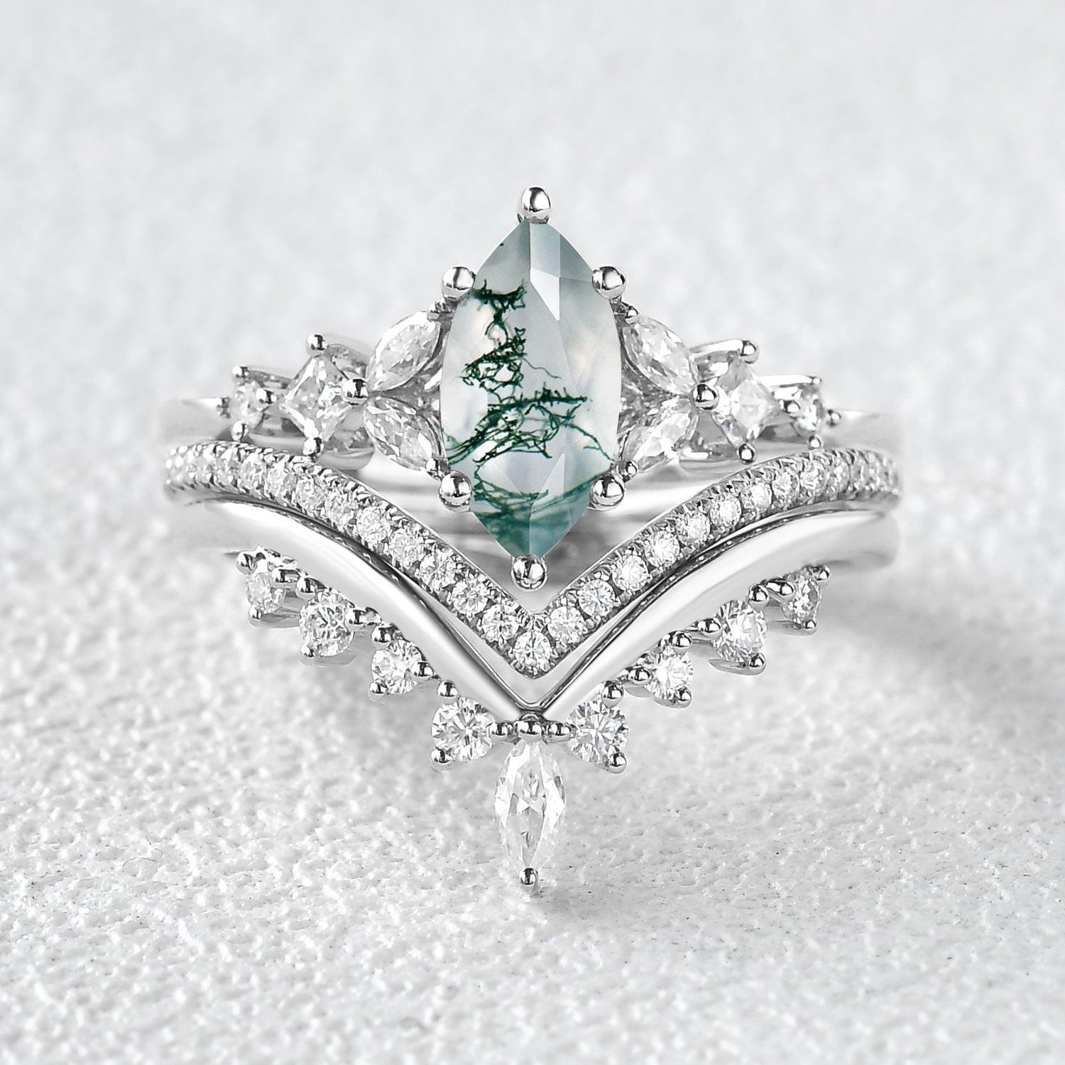 Sylvie’s Trio | Marquise Cut Moss Agate Bridal Set 3pcs.