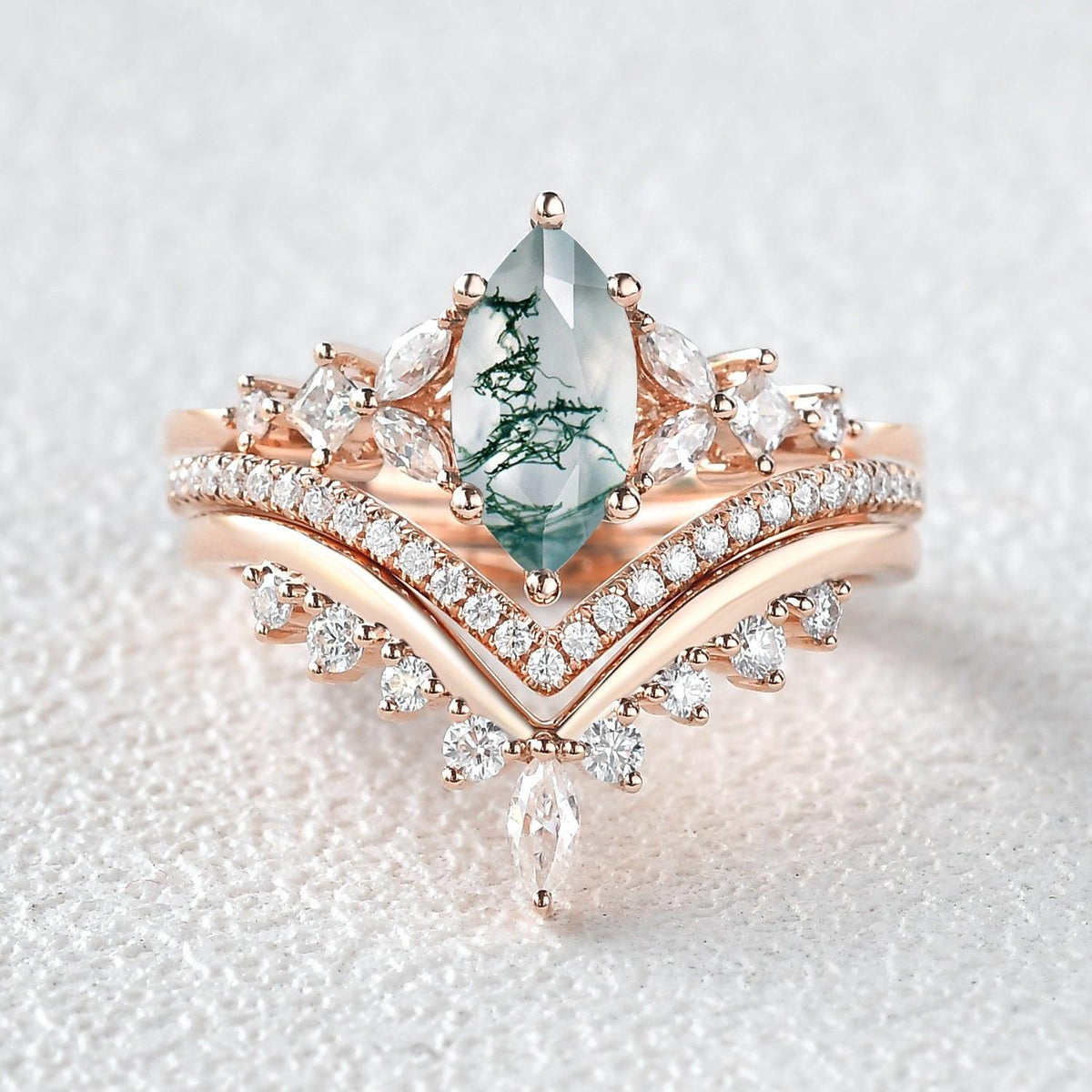 Sylvie’s Trio | Marquise Cut Moss Agate Bridal Set 3pcs.