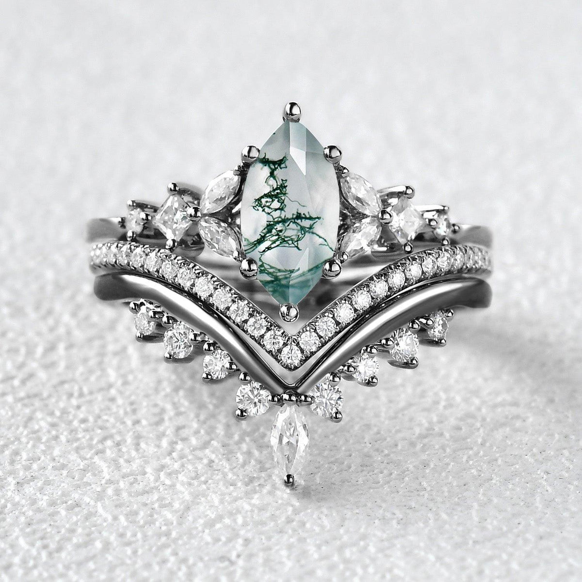 Sylvie’s Trio | Marquise Cut Moss Agate Bridal Set 3pcs.