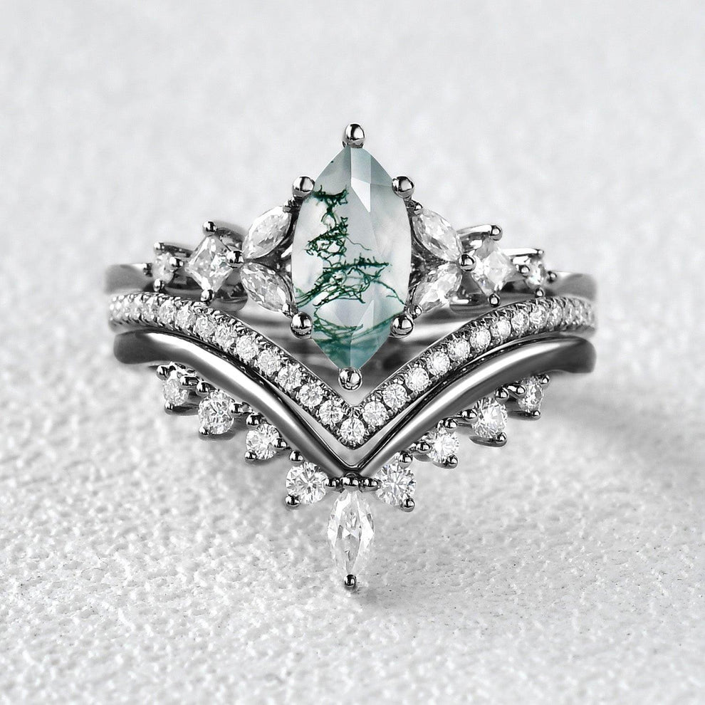 Sylvie’s Trio | Marquise Cut Moss Agate Bridal Set 3pcs.
