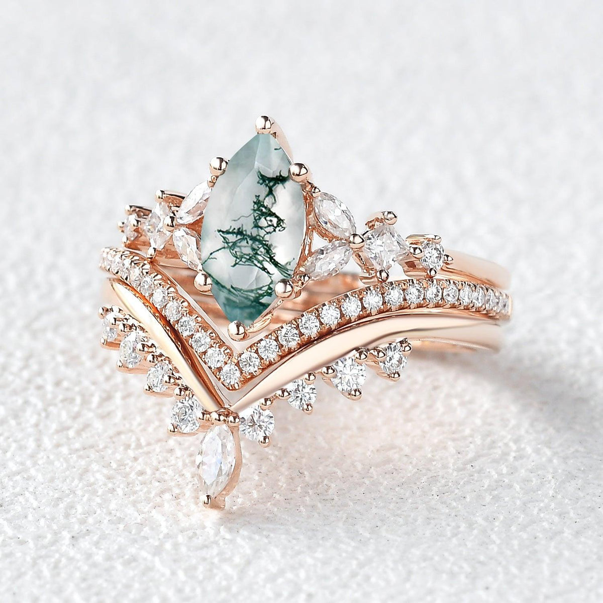 Sylvie’s Trio | Marquise Cut Moss Agate Bridal Set 3pcs.