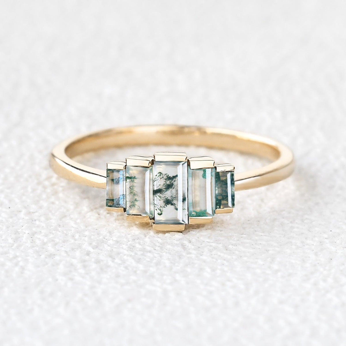 Vintage Baguette Moss Agate Engagement Ring.