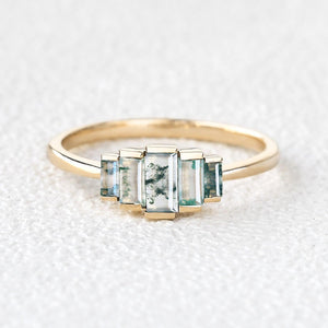 Vintage Baguette Moss Agate Engagement Ring.