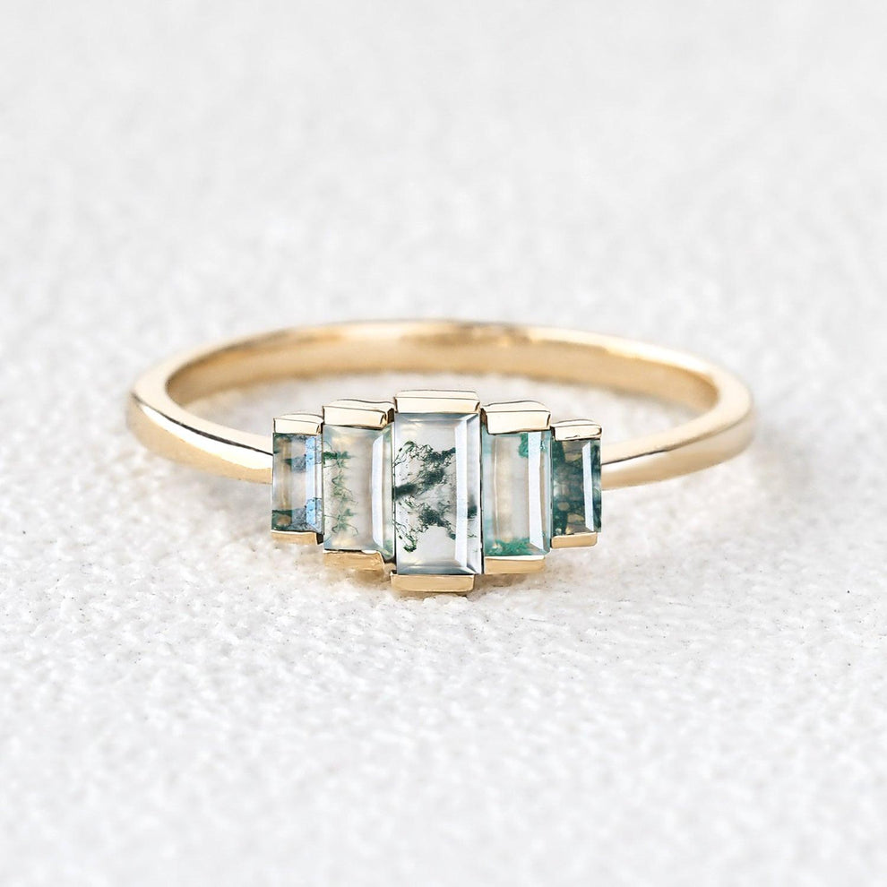 Vintage Baguette Moss Agate Engagement Ring.
