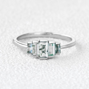 Vintage Baguette Moss Agate Engagement Ring.