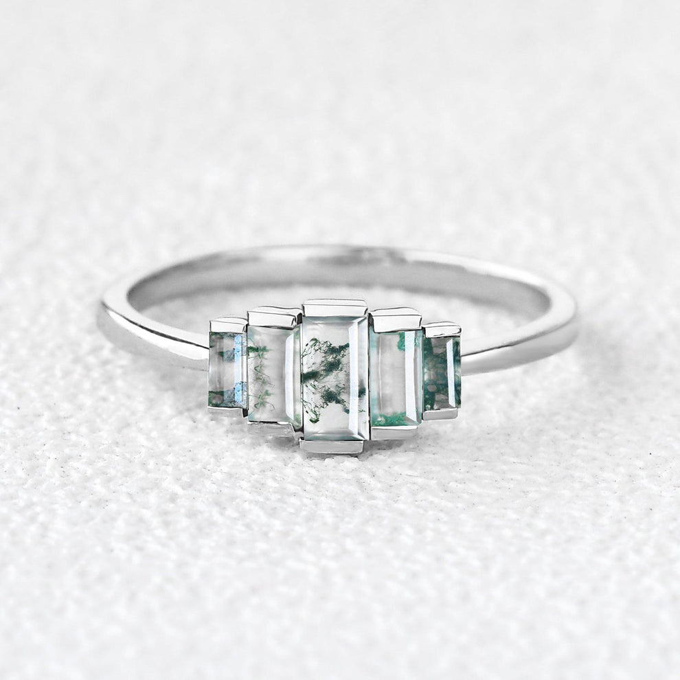 Vintage Baguette Moss Agate Engagement Ring.