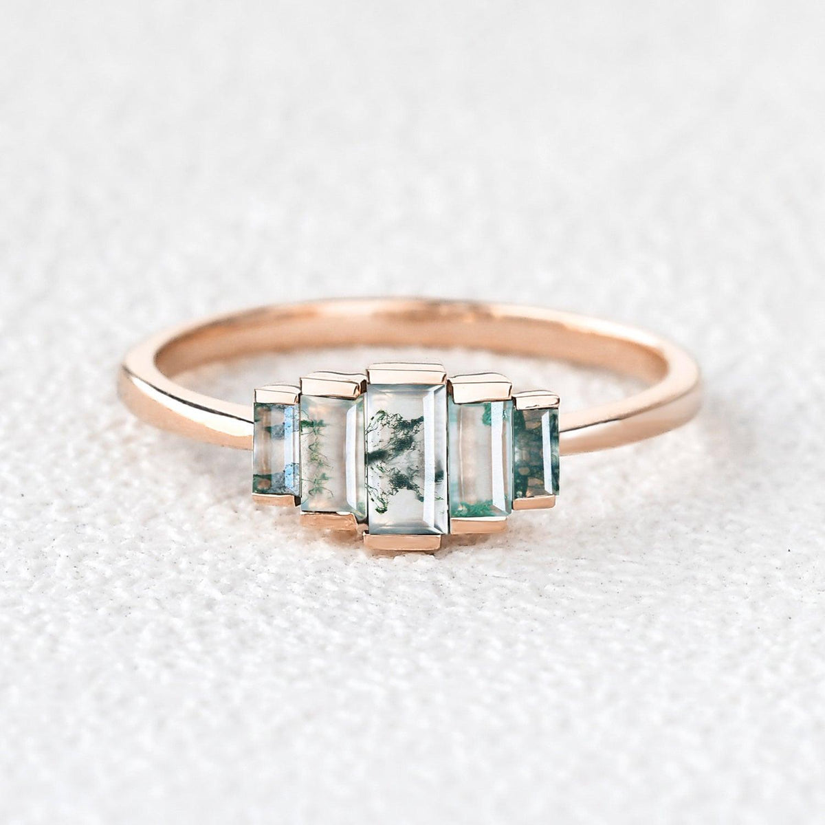 Vintage Baguette Moss Agate Engagement Ring.