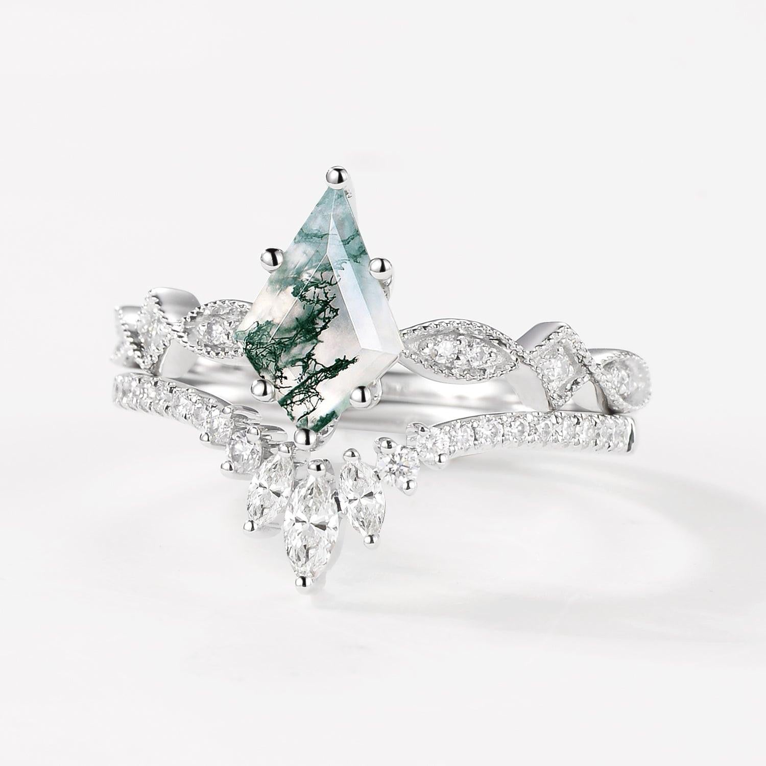 Unique Kite Moss Agate Engagement Ring Sets 2pcs.