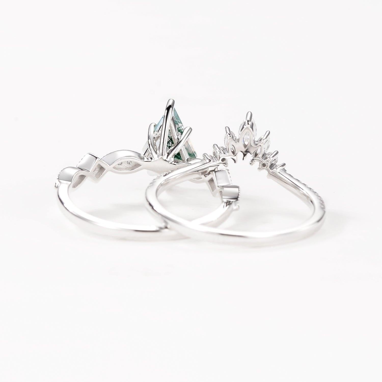 Unique Kite Moss Agate Engagement Ring Sets 2pcs.