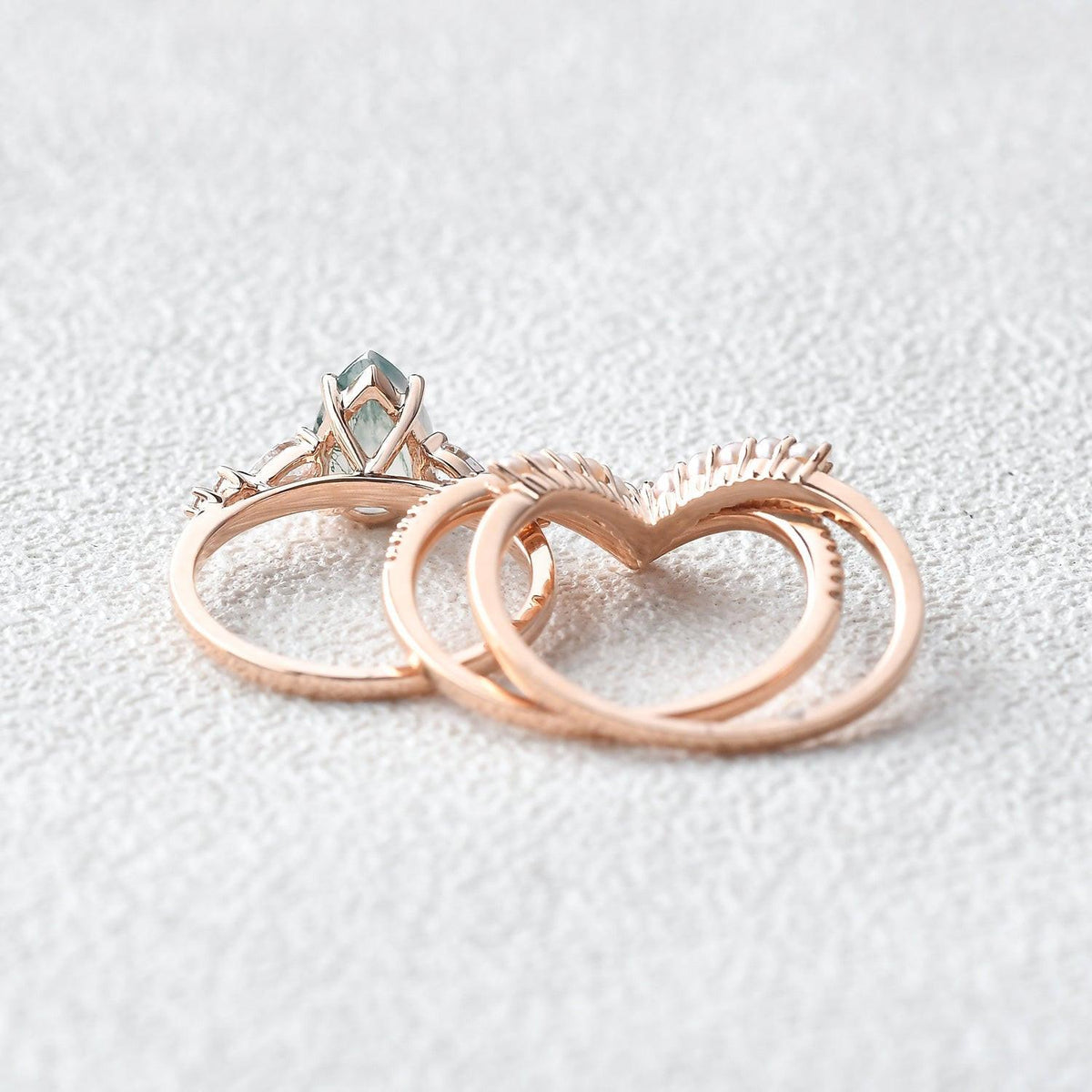 Pear Shaped Moss Agate Pearl Stacking Engagement Ring Set 3pcs.